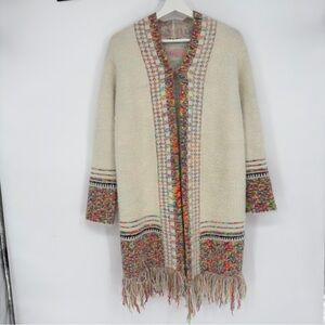 Venario White And Rainbow Knit Fringe Hem Cardigan Medium